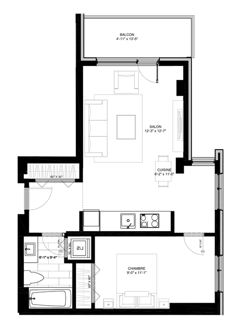 Floor plan for 1 bed, 1 bath, 662 sqft